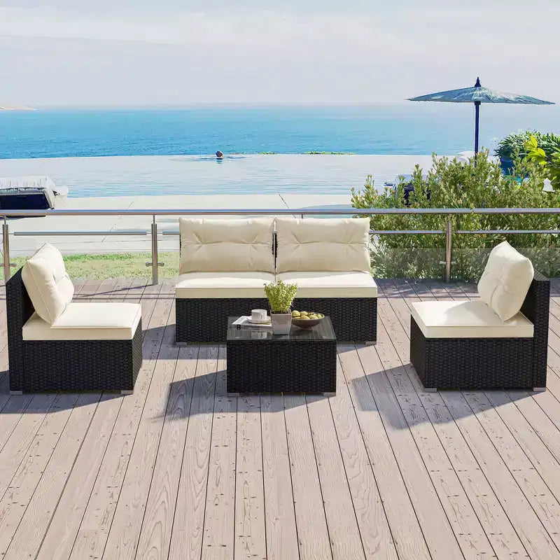Ensemble de mobilier d'extérieur Costway 5 pièces avec coussins d'assise et de dossier Plateau en verre trempé