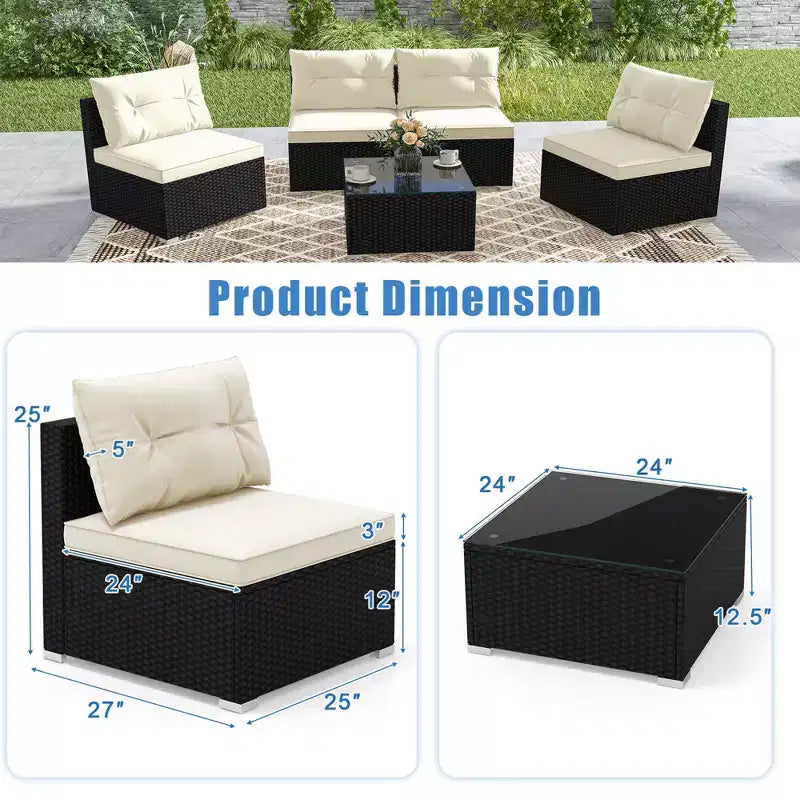 Ensemble de mobilier d'extérieur Costway 5 pièces avec coussins d'assise et de dossier Plateau en verre trempé