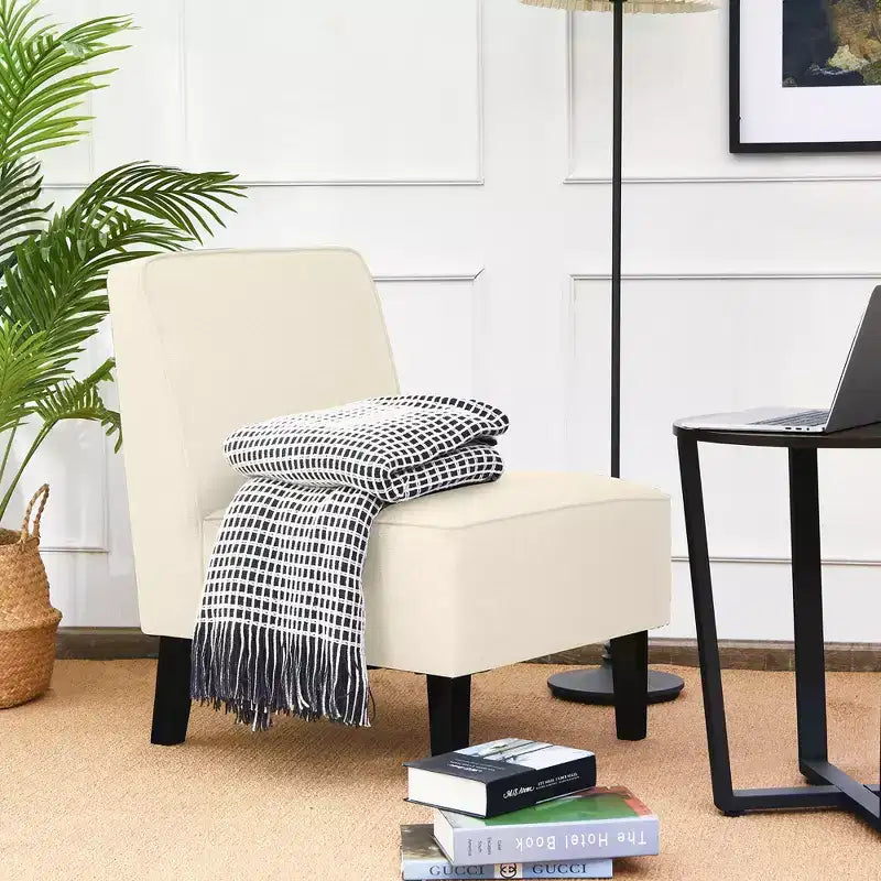 Modern Armless Accent Chair Fabric with Rubber Wood Legs Beige/Gray