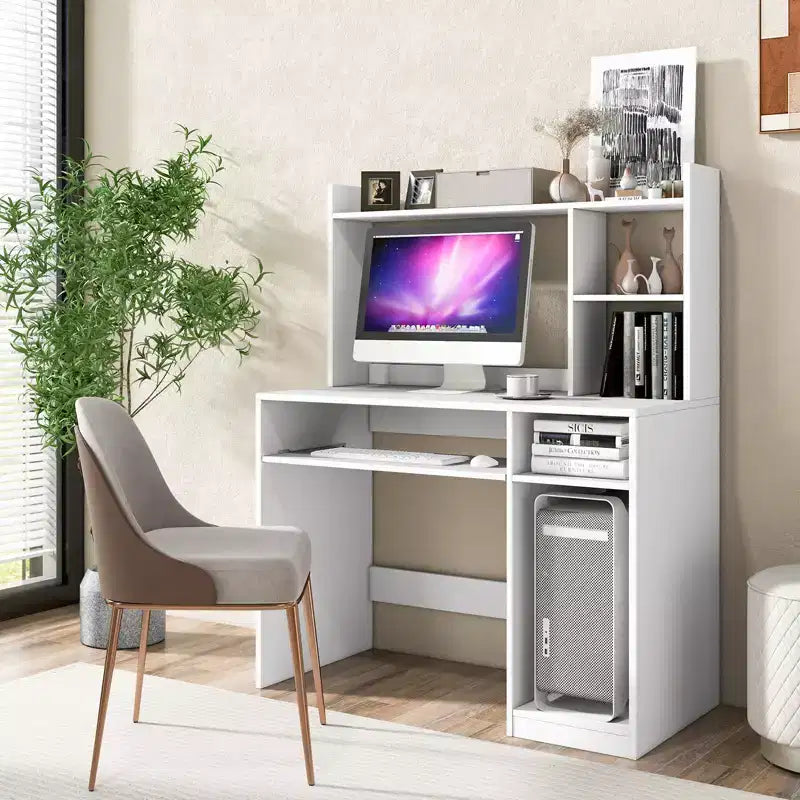 Computer Desk Study Bookcase Workstation with Charging Station Hutch & CPU Stand