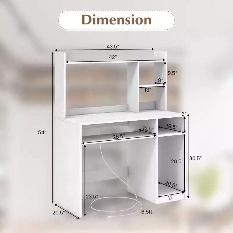Computer Desk Study Bookcase Workstation with Charging Station Hutch & CPU Stand
