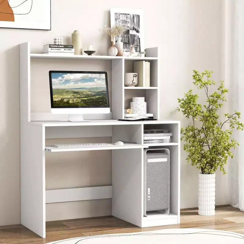 Computer Desk with Charging Station Hutch and CPU Stand White