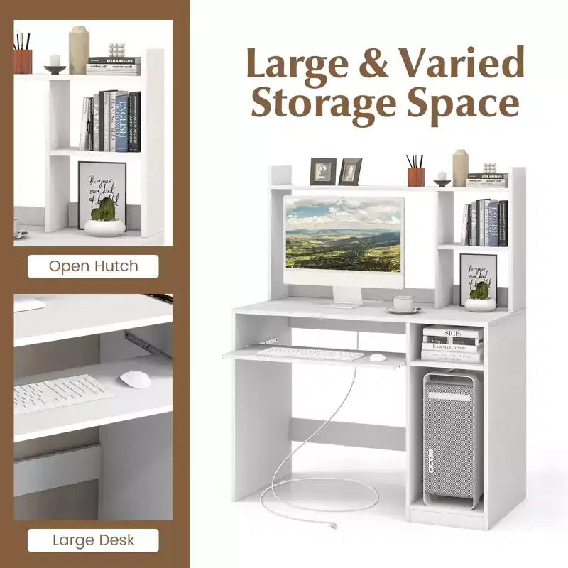 Computer Desk with Charging Station Hutch and CPU Stand White