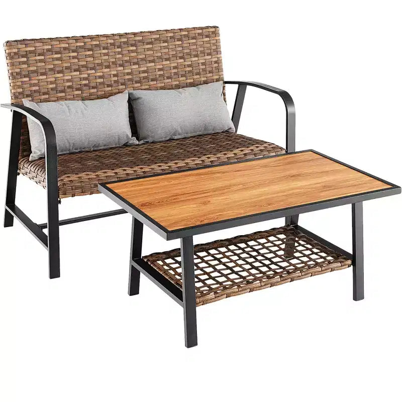 Costway Ensemble de 2 pièces table basse et causeuse en rotin pour patio, avec coussins de dossier et d'assise rembourrés à séchage rapide