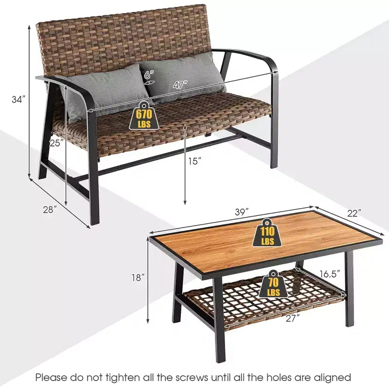 Costway Ensemble de 2 pièces table basse et causeuse en rotin pour patio, avec coussins de dossier et d'assise rembourrés à séchage rapide