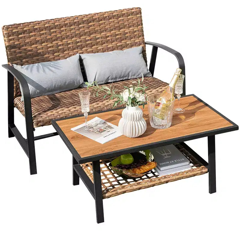 Costway Ensemble de 2 pièces table basse et causeuse en rotin pour patio, avec coussins de dossier et d'assise rembourrés à séchage rapide