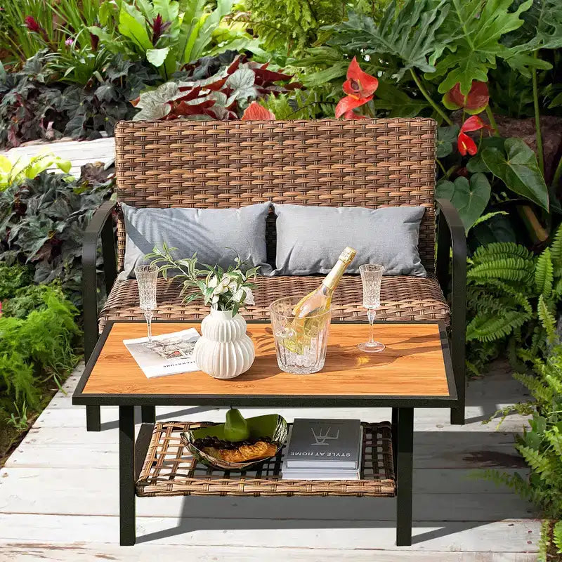 Costway Ensemble de 2 pièces table basse et causeuse en rotin pour patio, avec coussins de dossier et d'assise rembourrés à séchage rapide