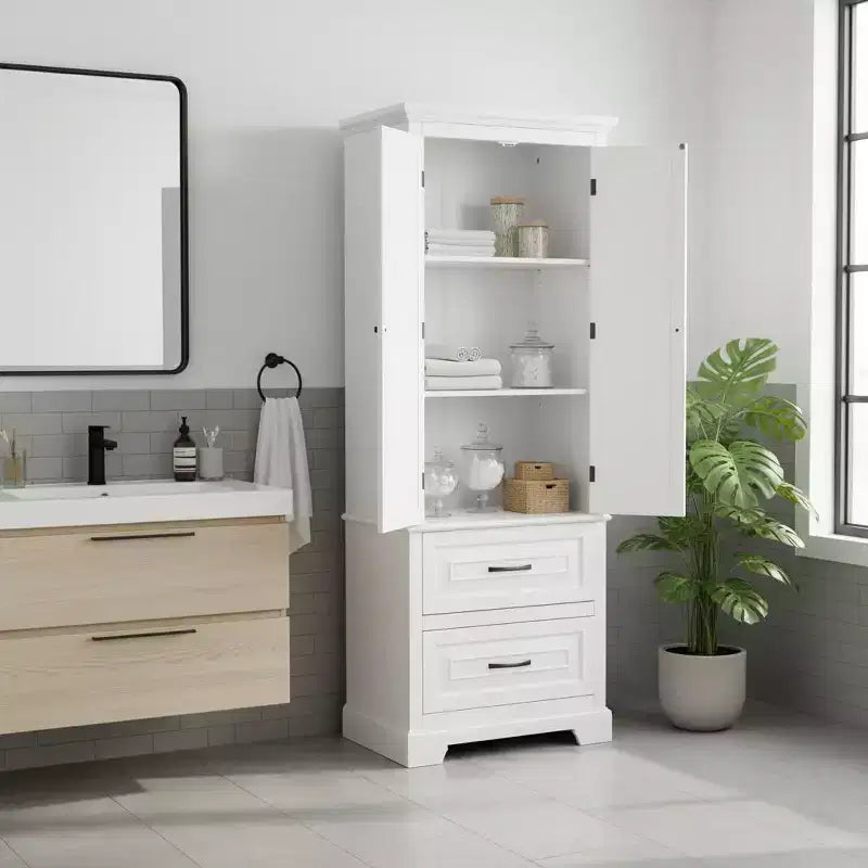 Wooden Linen Tower Cabinet with 2 Doors & 2 Drawers White