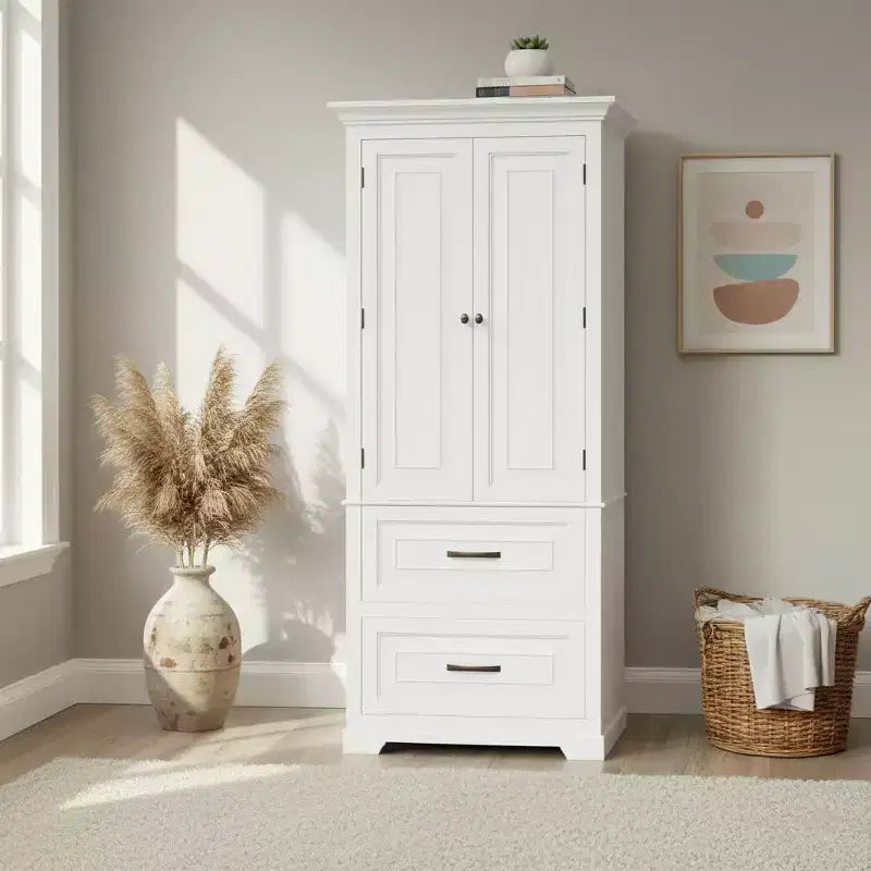 Wooden Linen Tower Cabinet with 2 Doors & 2 Drawers White