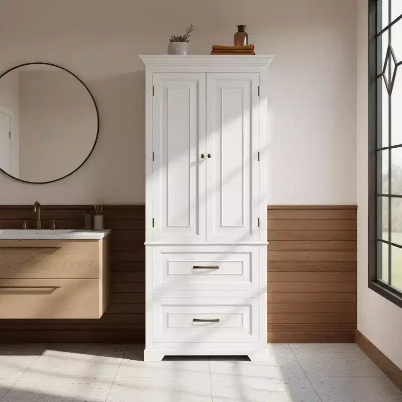 Wooden Linen Tower Cabinet with 2 Doors & 2 Drawers White