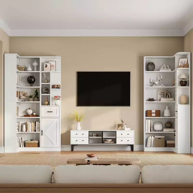 Étagère d'angle, étagères d'angle hautes de 74 po, bibliothèque en L à 6 niveaux avec étagères ouvertes et tiroirs de rangement pour le salon ou le bureau à domicile