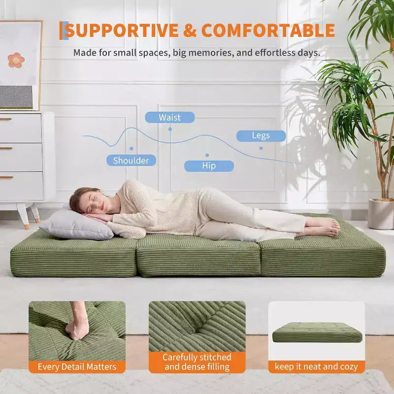 SunnyFurn Matelas pliant triple 6 pouces pour canapé-lit, 75X54.3 Lit d'appoint pliable en mousse avec velours côtelé capitonné, portable pour le camping, le salon, la chambre à coucher