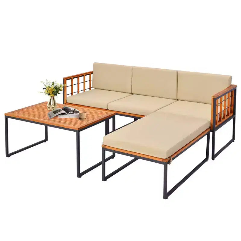 Ensemble de meubles de patio 5 pièces Costway en bois d'acacia avec coussins d'assise et de dossier