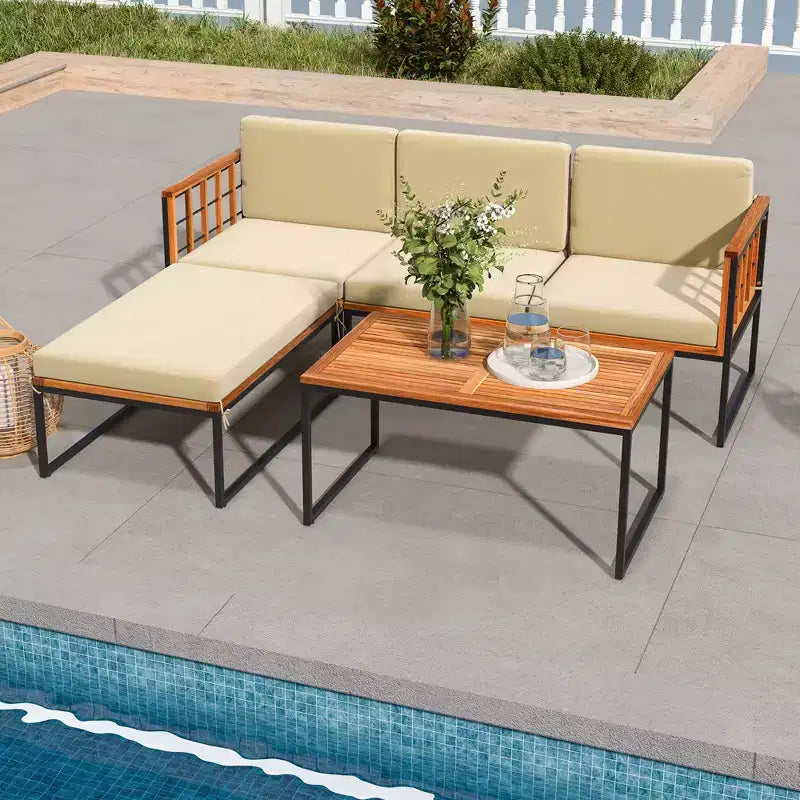 Ensemble de meubles de patio 5 pièces Costway en bois d'acacia avec coussins d'assise et de dossier