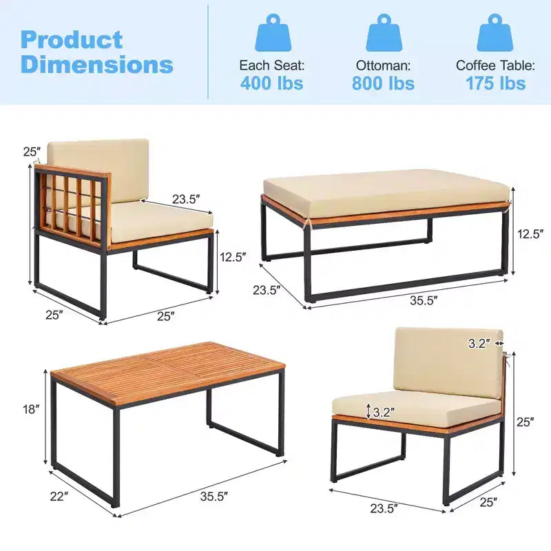 Ensemble de meubles de patio 5 pièces Costway en bois d'acacia avec coussins d'assise et de dossier