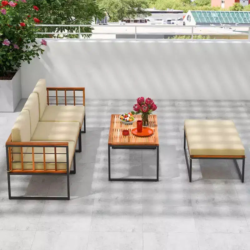 Ensemble de meubles de patio 5 pièces Costway en bois d'acacia avec coussins d'assise et de dossier