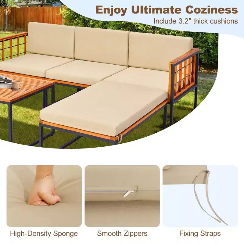 Ensemble de meubles de patio 5 pièces Costway en bois d'acacia avec coussins d'assise et de dossier