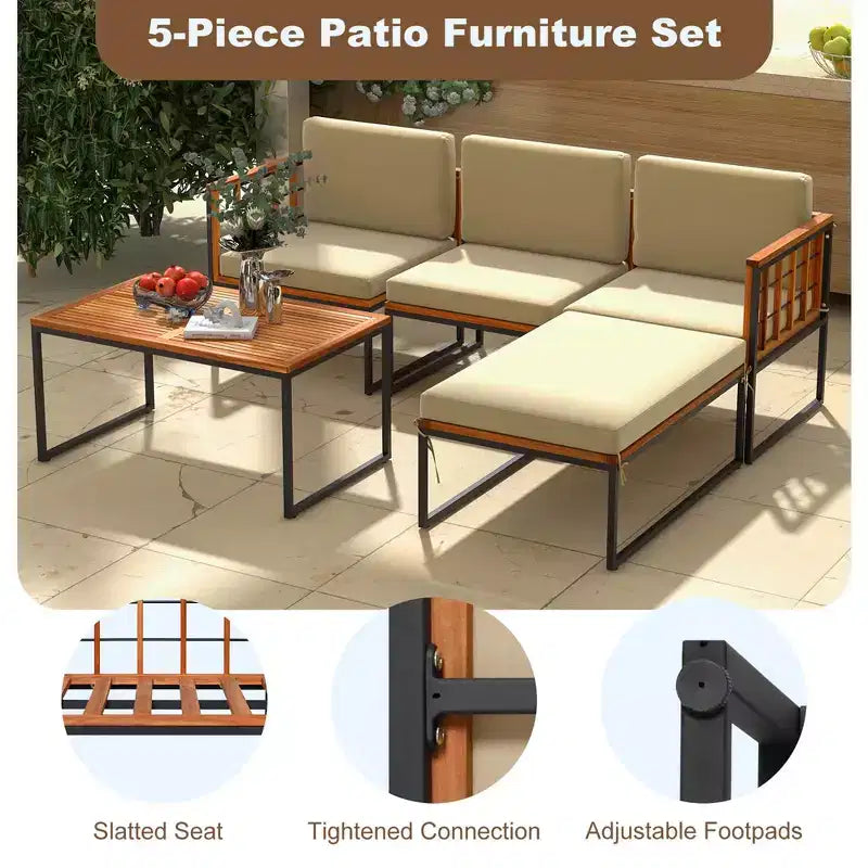 Ensemble de meubles de patio 5 pièces Costway en bois d'acacia avec coussins d'assise et de dossier