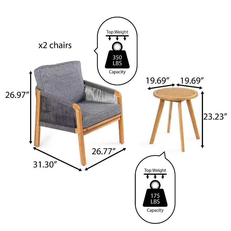 Ensemble de conversation d'extérieur Aveiro 3 pièces avec coussins en bois d'acacia tressé de style bohème moderne - JONATHAN Y