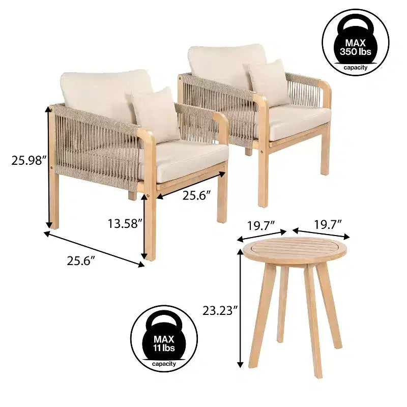 Ensemble de conversation d'extérieur Aveiro 3 pièces avec coussins en bois d'acacia tressé de style bohème moderne - JONATHAN Y