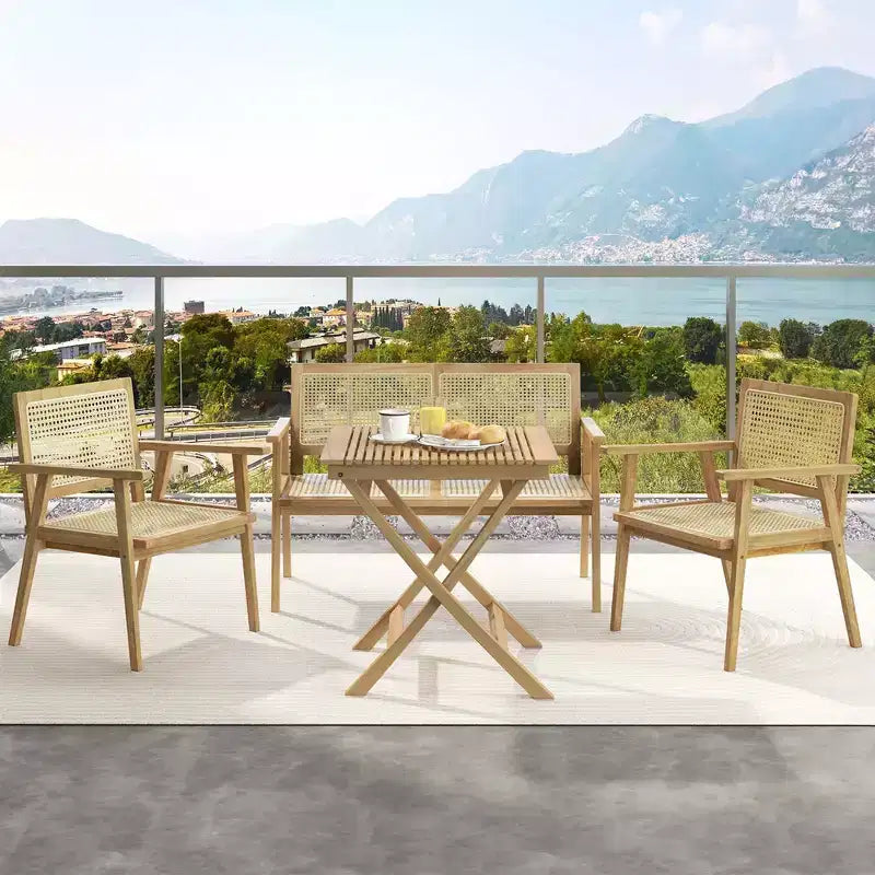 Costway Patio Bistro Table Chair Set with Natural Rattan Seat Indonesia Teak Wood Frame Space Saving
