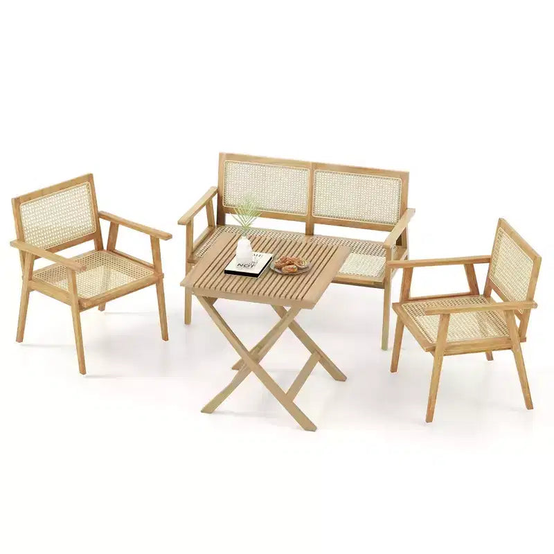 Ensemble table et chaises de bistrot Costway avec assise en rotin naturel, cadre en bois de teck indonésien, peu encombrant