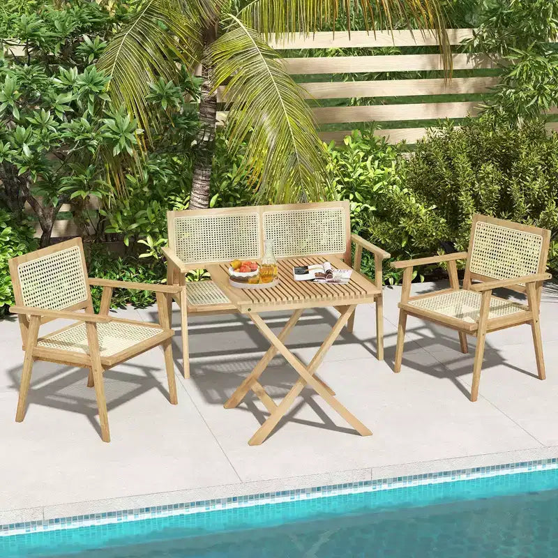 Ensemble table et chaises de bistrot Costway avec assise en rotin naturel, cadre en bois de teck indonésien, peu encombrant