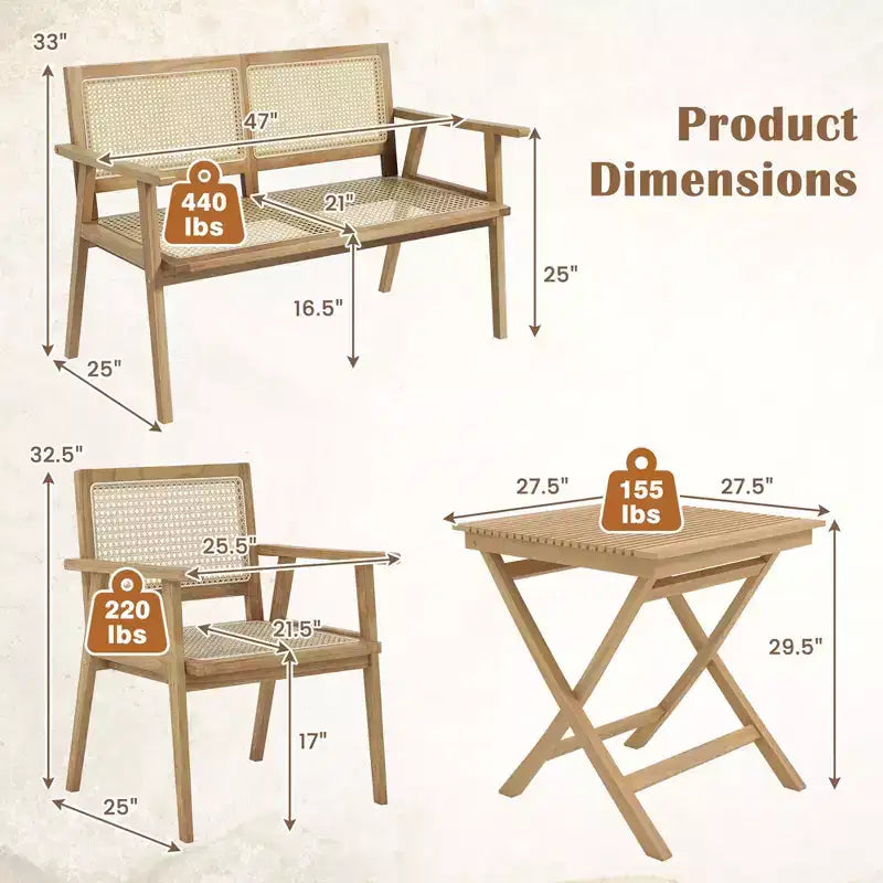 Ensemble table et chaises de bistrot Costway avec assise en rotin naturel, cadre en bois de teck indonésien, peu encombrant