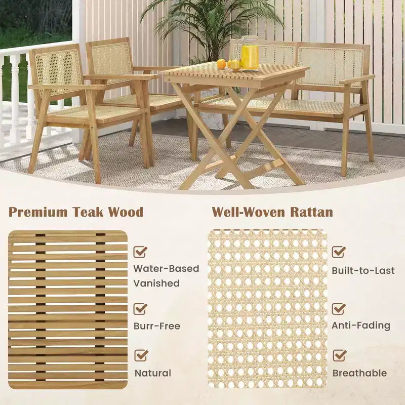Ensemble table et chaises de bistrot Costway avec assise en rotin naturel, cadre en bois de teck indonésien, peu encombrant