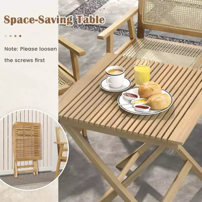 Ensemble table et chaises de bistrot Costway avec assise en rotin naturel, cadre en bois de teck indonésien, peu encombrant