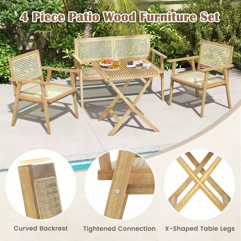 Ensemble table et chaises de bistrot Costway avec assise en rotin naturel, cadre en bois de teck indonésien, peu encombrant