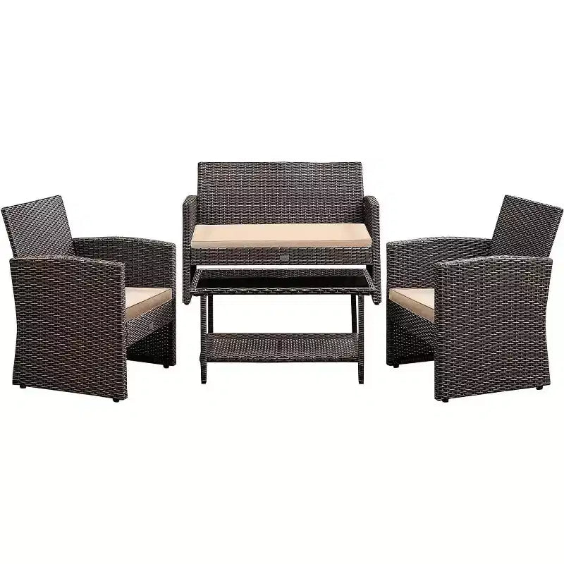 Balkene Home Ashville Conversation Wicker Outdoor Patio Set - Sofa, Table & Two Armchairs Included Khaki Cushions & Tempered Glass Top Easy Assembly