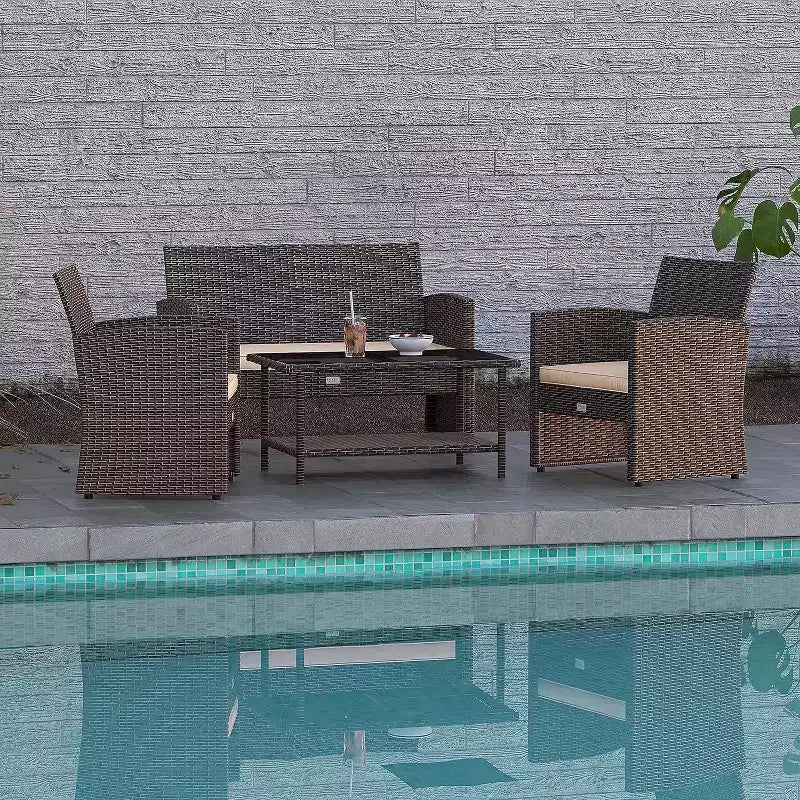 Balkene Home Ashville Salon de jardin en osier – Canapé, table et deux fauteuils inclus, coussins kaki et plateau en verre trempé, montage facile