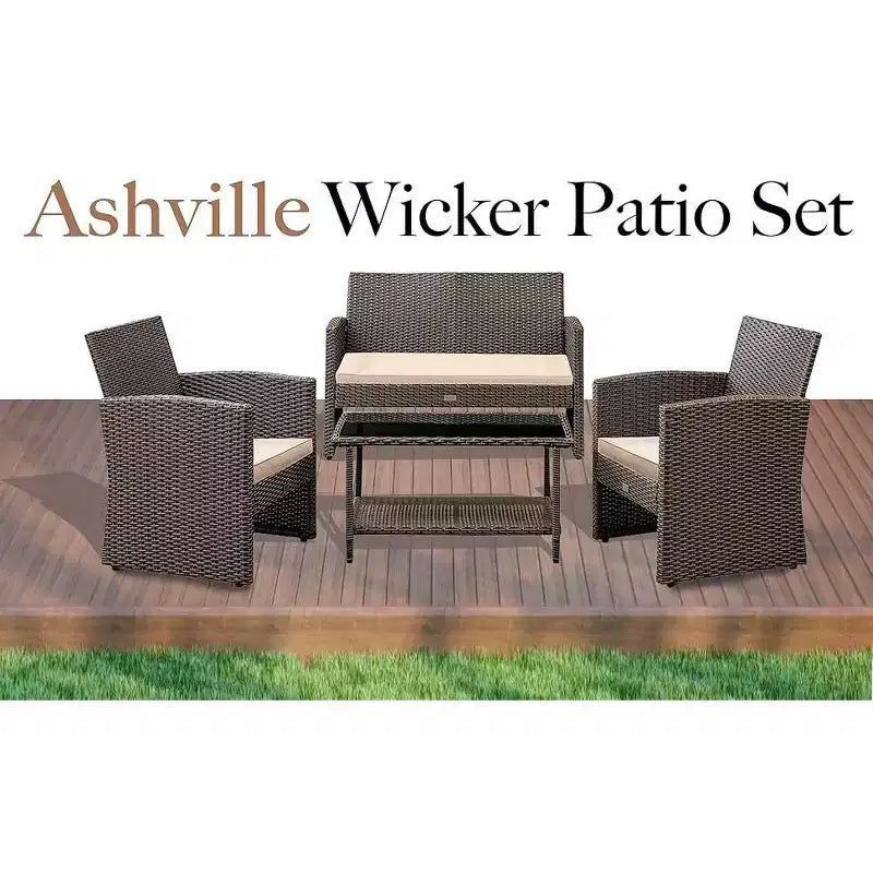 Balkene Home Ashville Salon de jardin en osier – Canapé, table et deux fauteuils inclus, coussins kaki et plateau en verre trempé, montage facile