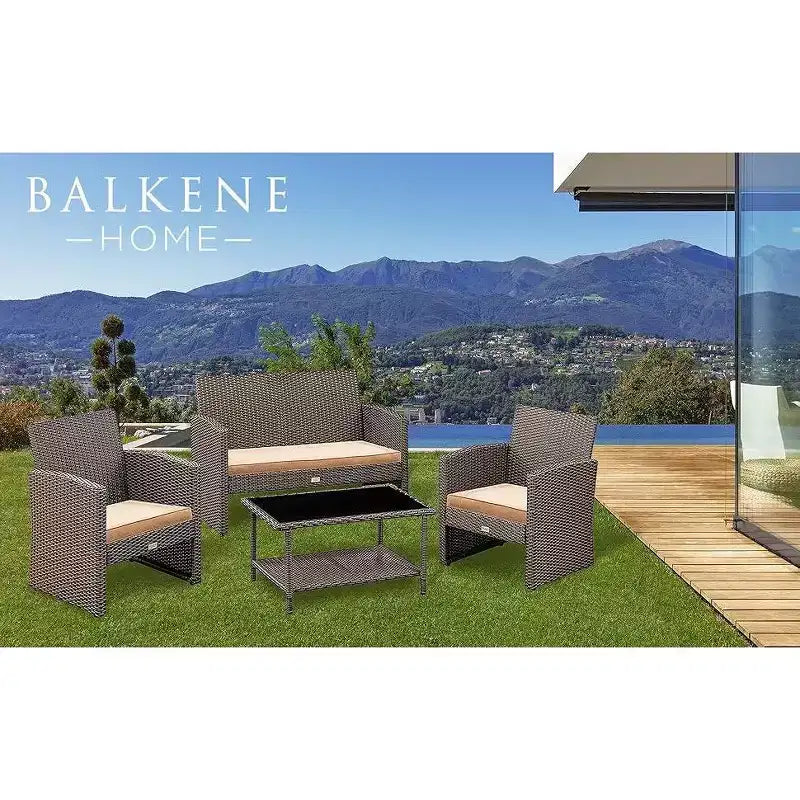 Balkene Home Ashville Salon de jardin en osier – Canapé, table et deux fauteuils inclus, coussins kaki et plateau en verre trempé, montage facile