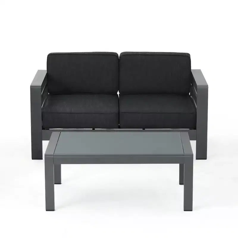GDFStudio Liam Outdoor Aluminum Loveseat and Coffee Table Set with Cushions, Gray/Dark Gray