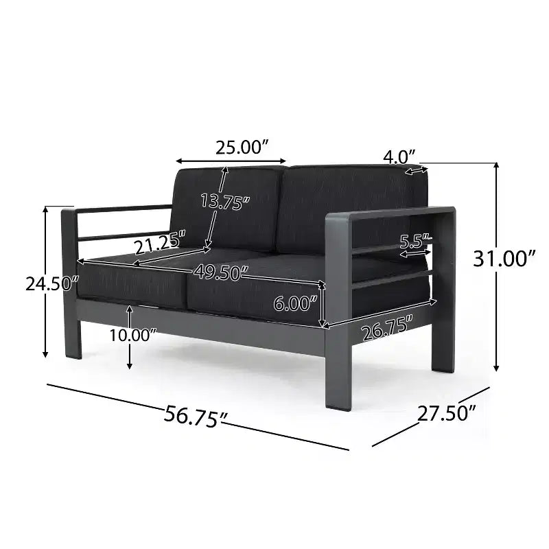 GDFStudio Liam, ensemble causeuse et table basse d'extérieur en aluminium avec coussins, gris/gris foncé