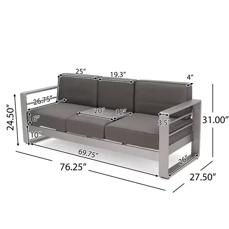 Ensemble de canapé de conversation GDFStudio Ava en aluminium et verre pour 6 personnes avec coussins, argent/gris