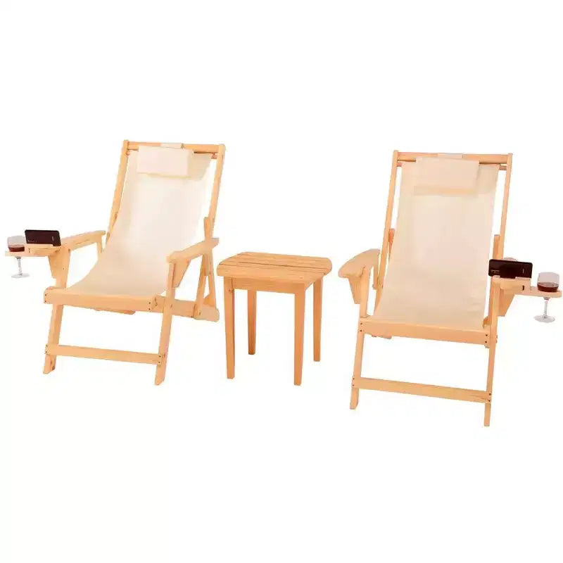 Jiallo Romantic Collection Canvas Sling Chairs with Cup and Wine Holder and end table