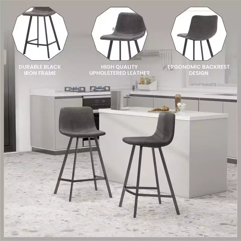 35" Counter Stool Upholstered Leather Ergonomic Backrest Padded Seat Stainless Steel Base and Footrest