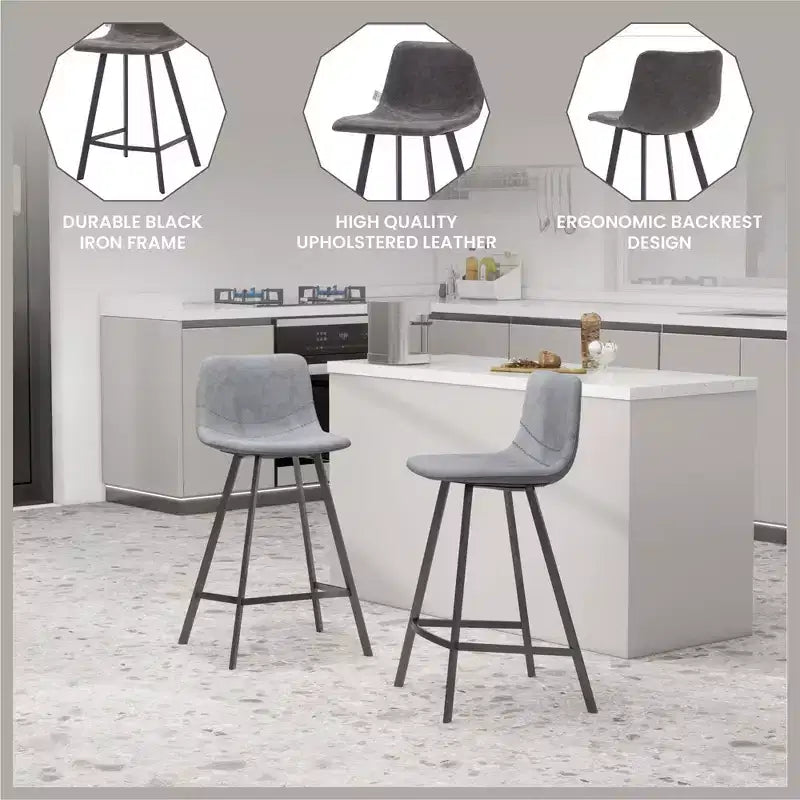 35" Counter Stool Upholstered Leather Ergonomic Backrest Padded Seat Stainless Steel Base and Footrest