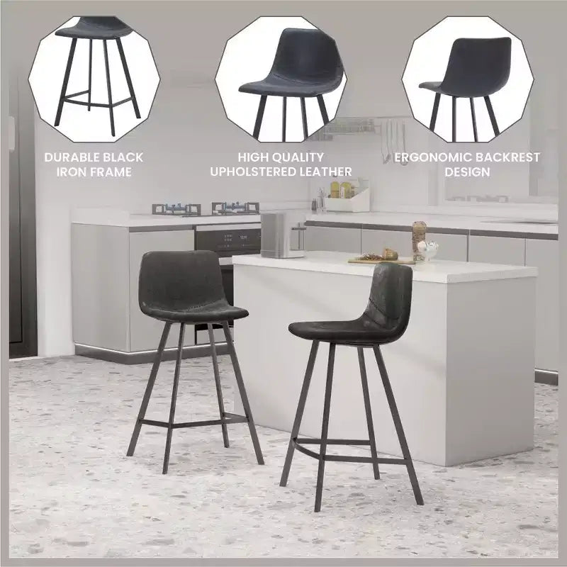 35" Counter Stool Upholstered Leather Ergonomic Backrest Padded Seat Stainless Steel Base and Footrest