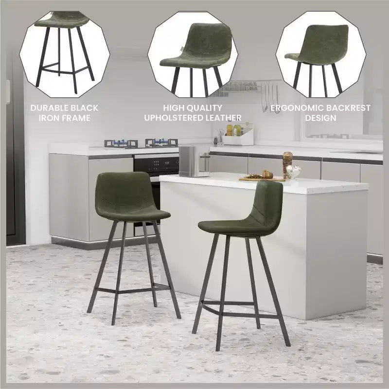 35" Counter Stool Upholstered Leather Ergonomic Backrest Padded Seat Stainless Steel Base and Footrest