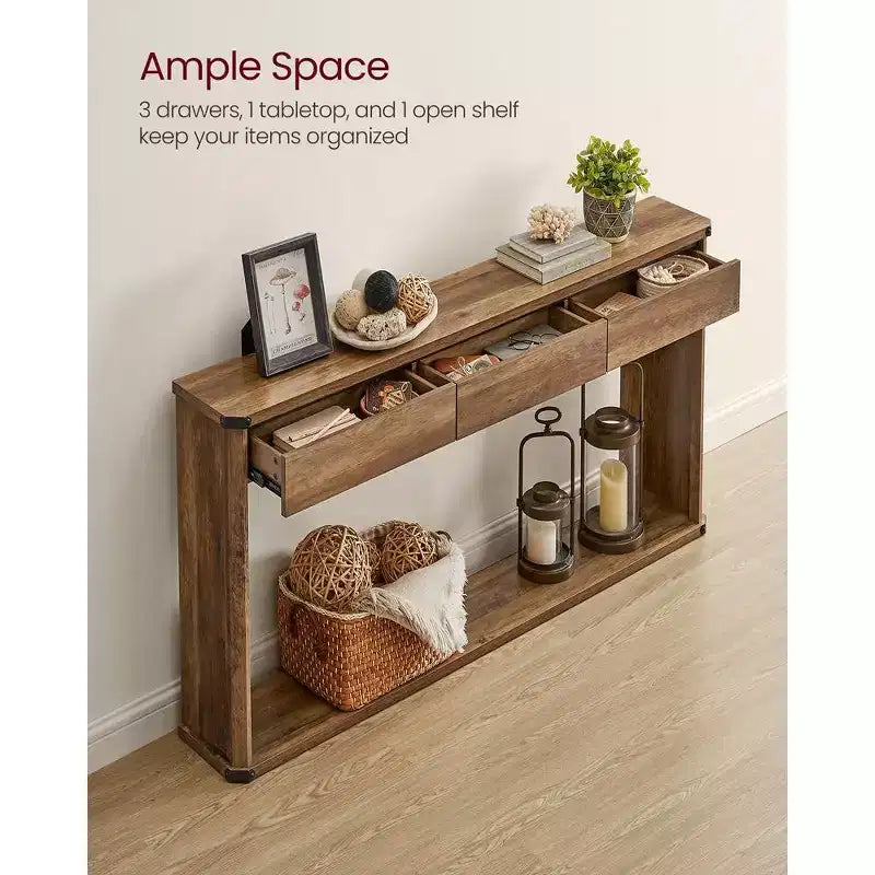Console Table 47.2 Inches Sofa Table Narrow Entryway Table with 3 Drawers Bottom Shelf Metal Corners