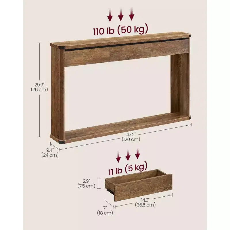 Console Table 47.2 Inches Sofa Table Narrow Entryway Table with 3 Drawers Bottom Shelf Metal Corners