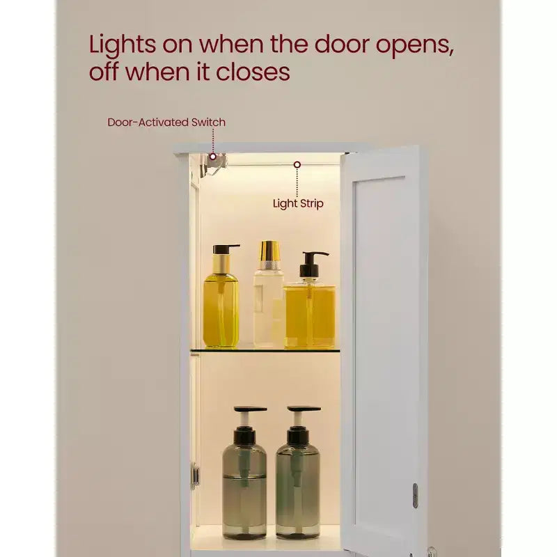 Tall Bathroom Cabinet with Lights, Slim Bathroom Storage Cabinet, Freestanding Narrow Cabinet with Adjustable Shelves, for Small Spaces, Modern