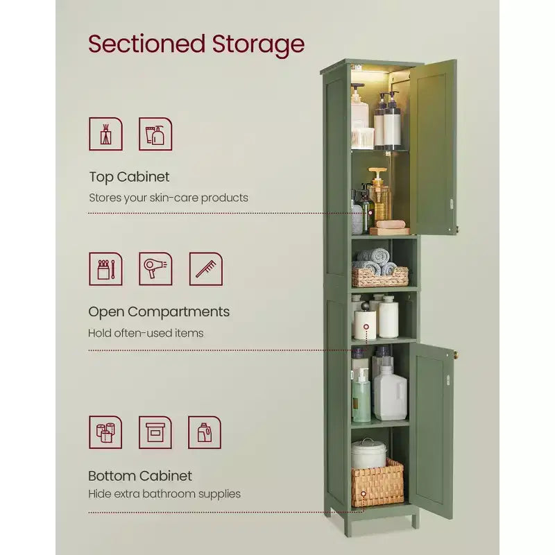 Tall Bathroom Cabinet with Lights, Slim Bathroom Storage Cabinet, Freestanding Narrow Cabinet with Adjustable Shelves, for Small Spaces, Modern