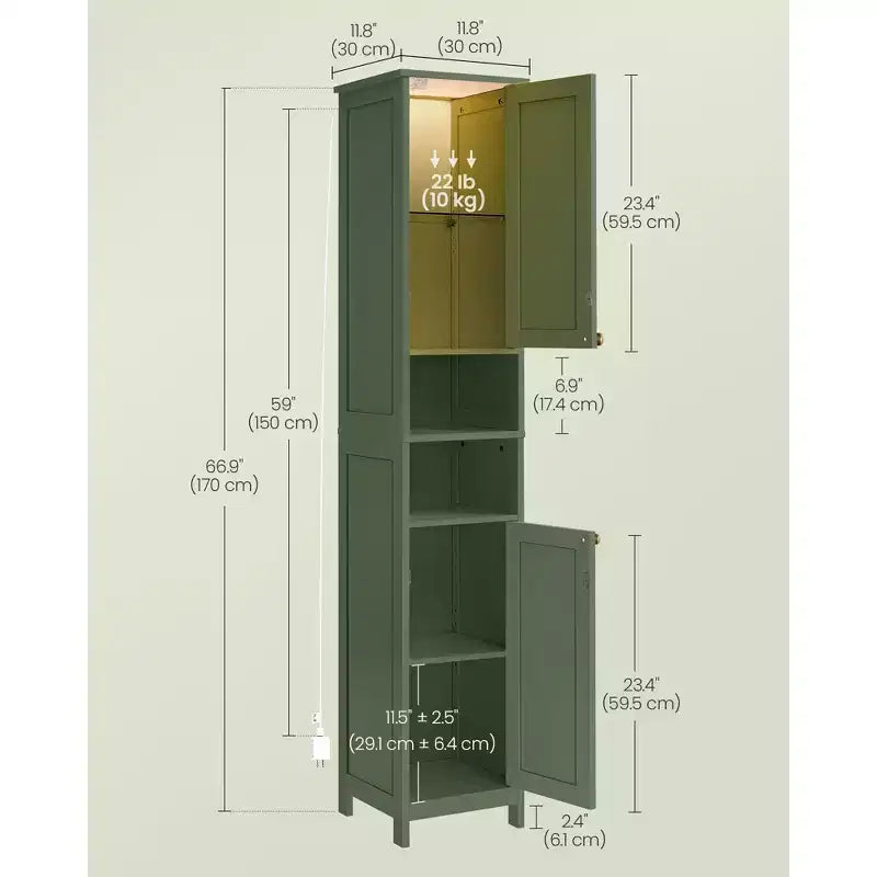 Tall Bathroom Cabinet with Lights, Slim Bathroom Storage Cabinet, Freestanding Narrow Cabinet with Adjustable Shelves, for Small Spaces, Modern
