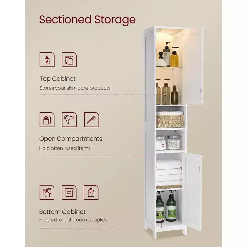 Tall Bathroom Cabinet with Lights, Slim Bathroom Storage Cabinet, Freestanding Narrow Cabinet with Adjustable Shelves, for Small Spaces, Modern