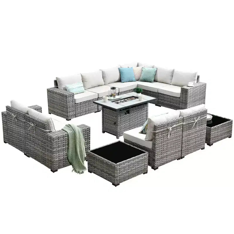 Ensemble de meubles de jardin en osier 13 pièces Marlton avec foyer rectangulaire et coussins